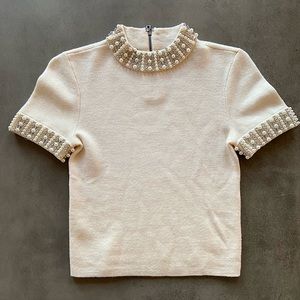 Pearl, rhinestone white wool turtleneck shirt - XS